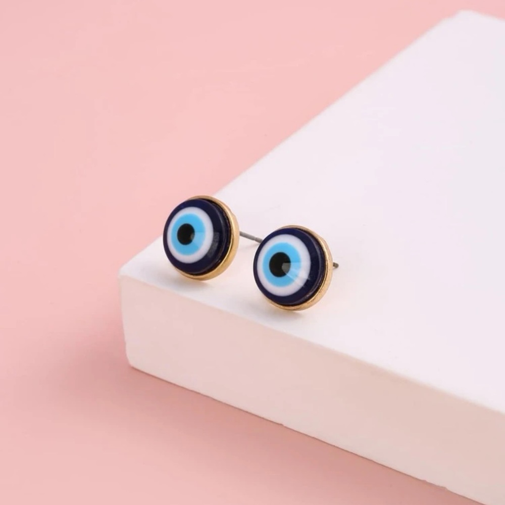 Kathrono Blue Evil Eye Stud Earrings with Gold Trim